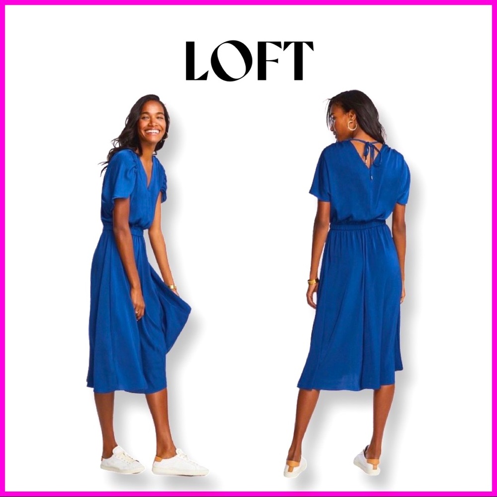 Loft Cinched Waist Midi Dress Atlantic Tide Small